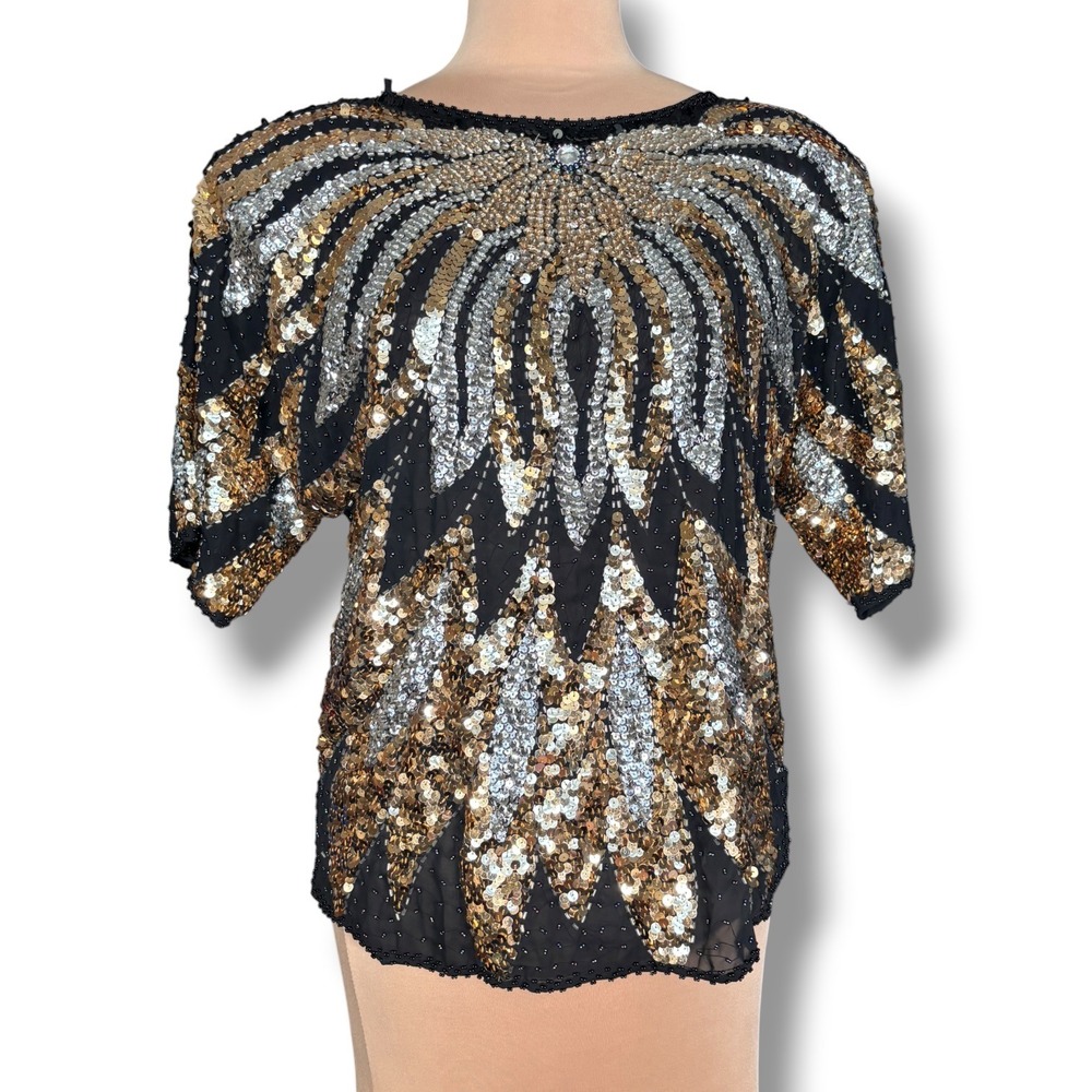 Vintage 80s Iris Sequin Beaded Top Black Gold Silver Art Deco Evening Blouse